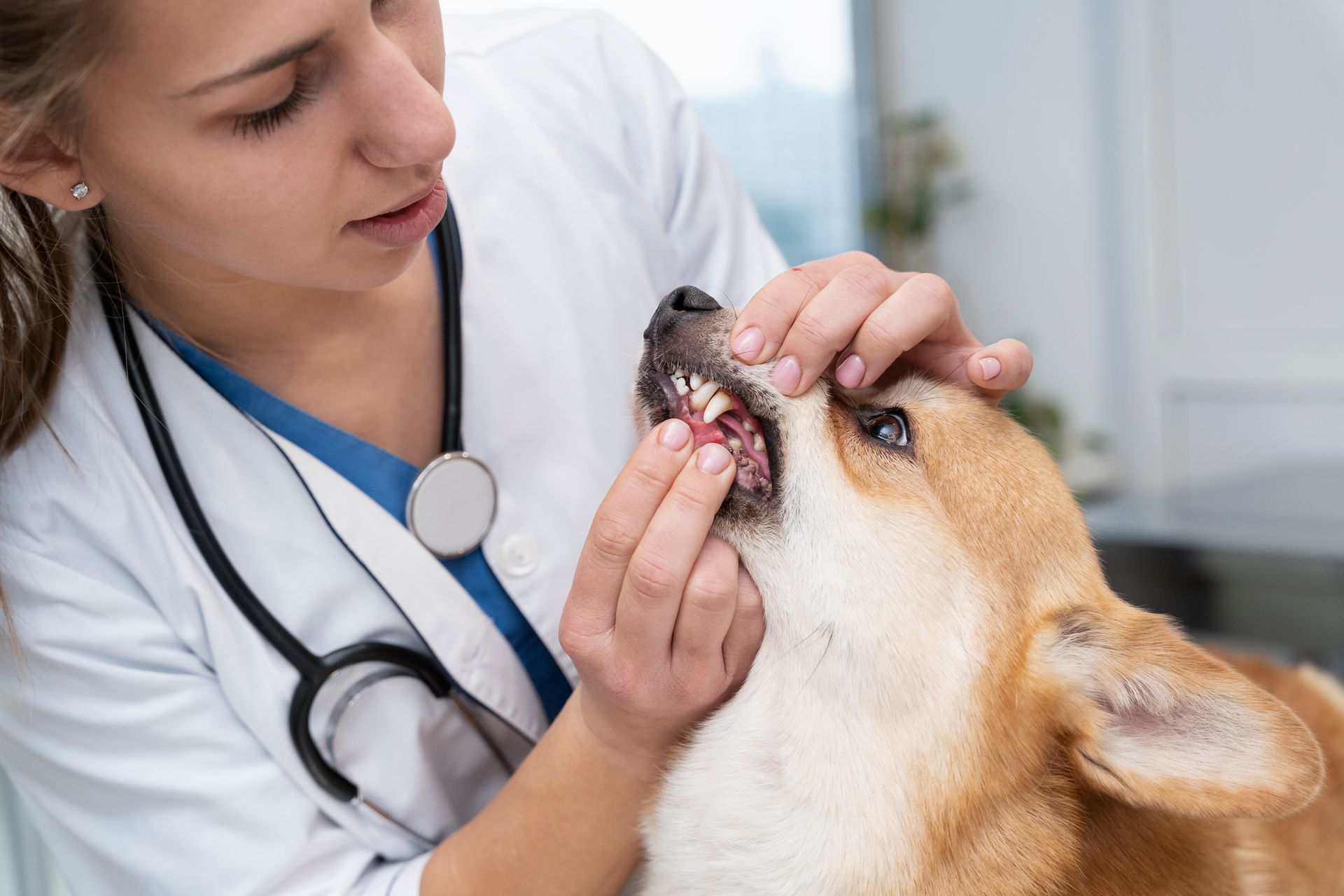 Veterinarian examining a dog’s teeth in a clinic