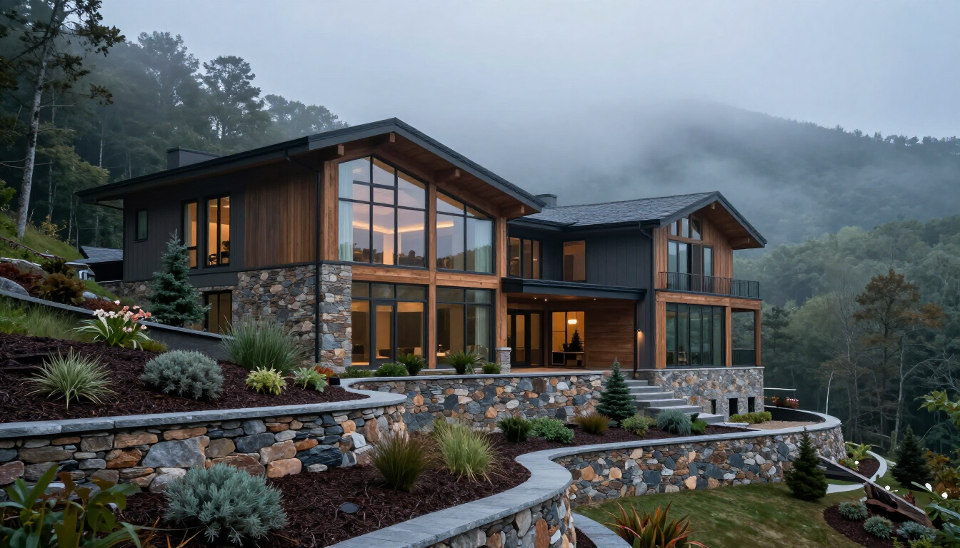Steep Asheville property with professional drainage and retaining walls to prevent erosion.