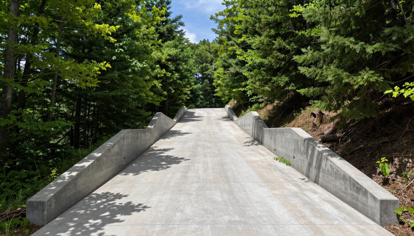 photorealistic modern driveway on a steep mountain slope in Asheville North Carolina with professional grading and retaining walls