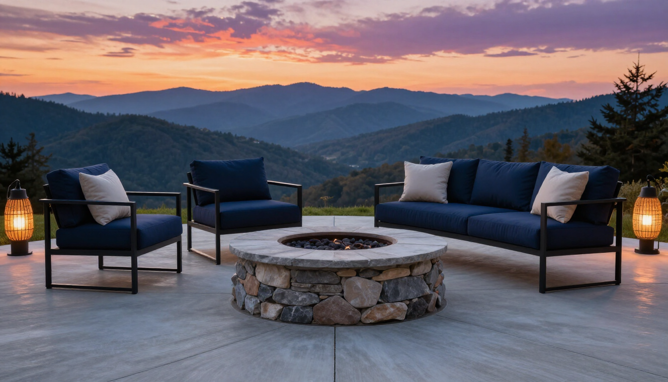 photorealistic outdoor concrete patio with a stone fire pit and modern furniture overlooking the Blue Ridge Mountains at sunset