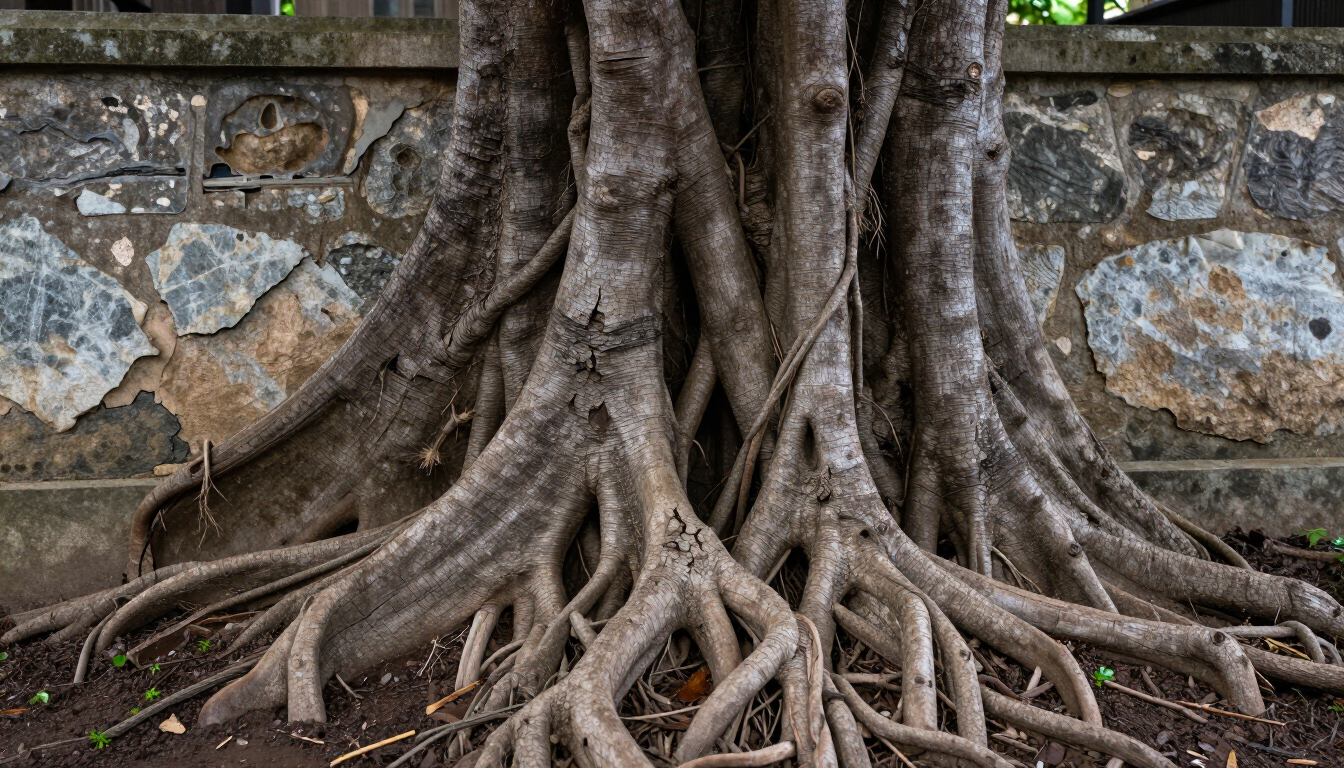 Tree roots near a home foundation