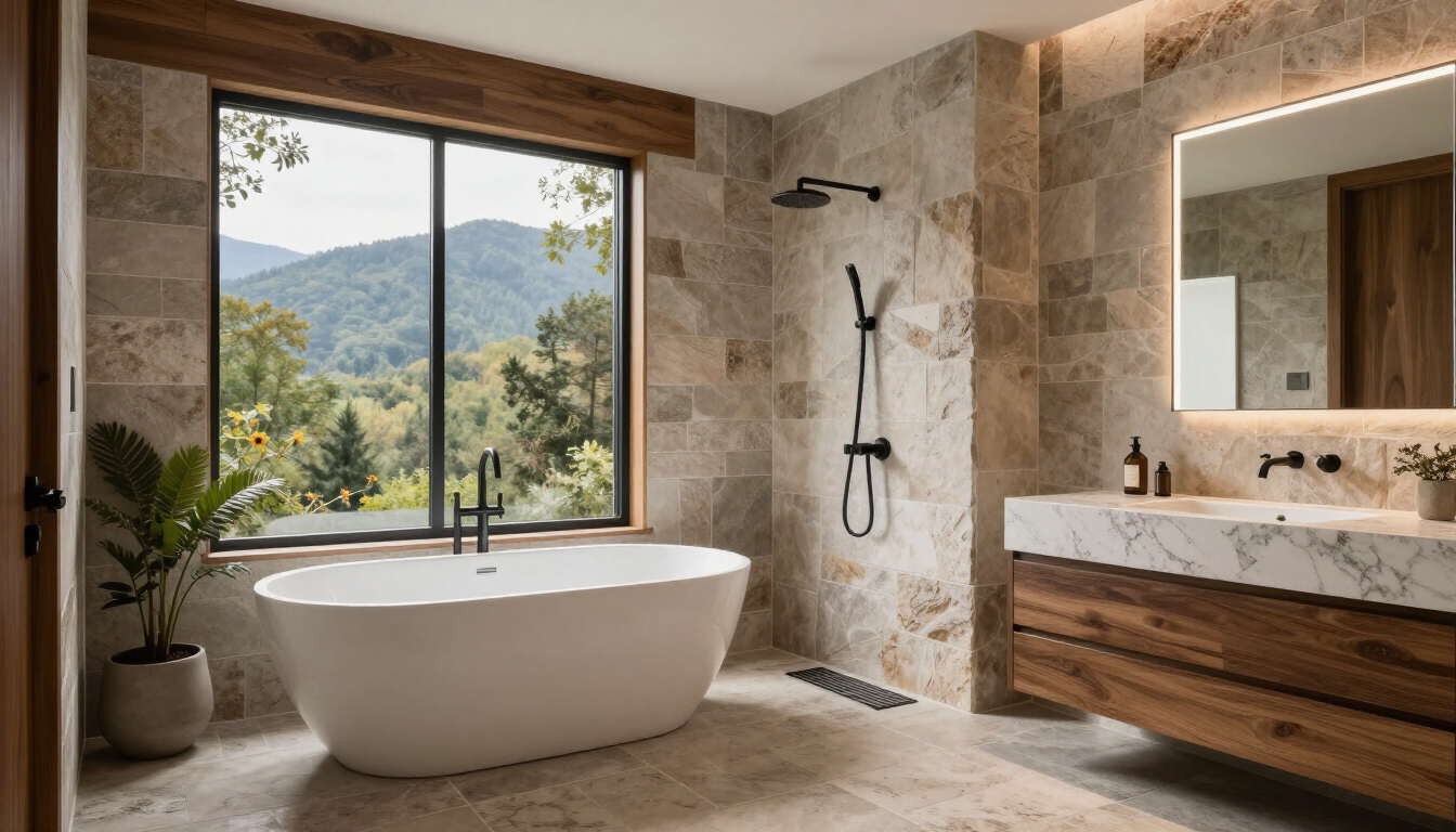 A modern bathroom remodel in Asheville, NC featuring natural wood and mountain views.