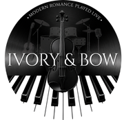 Black circular logo with piano keys and violin, text “IVORY & BOW” and “Modern romance played live.”
