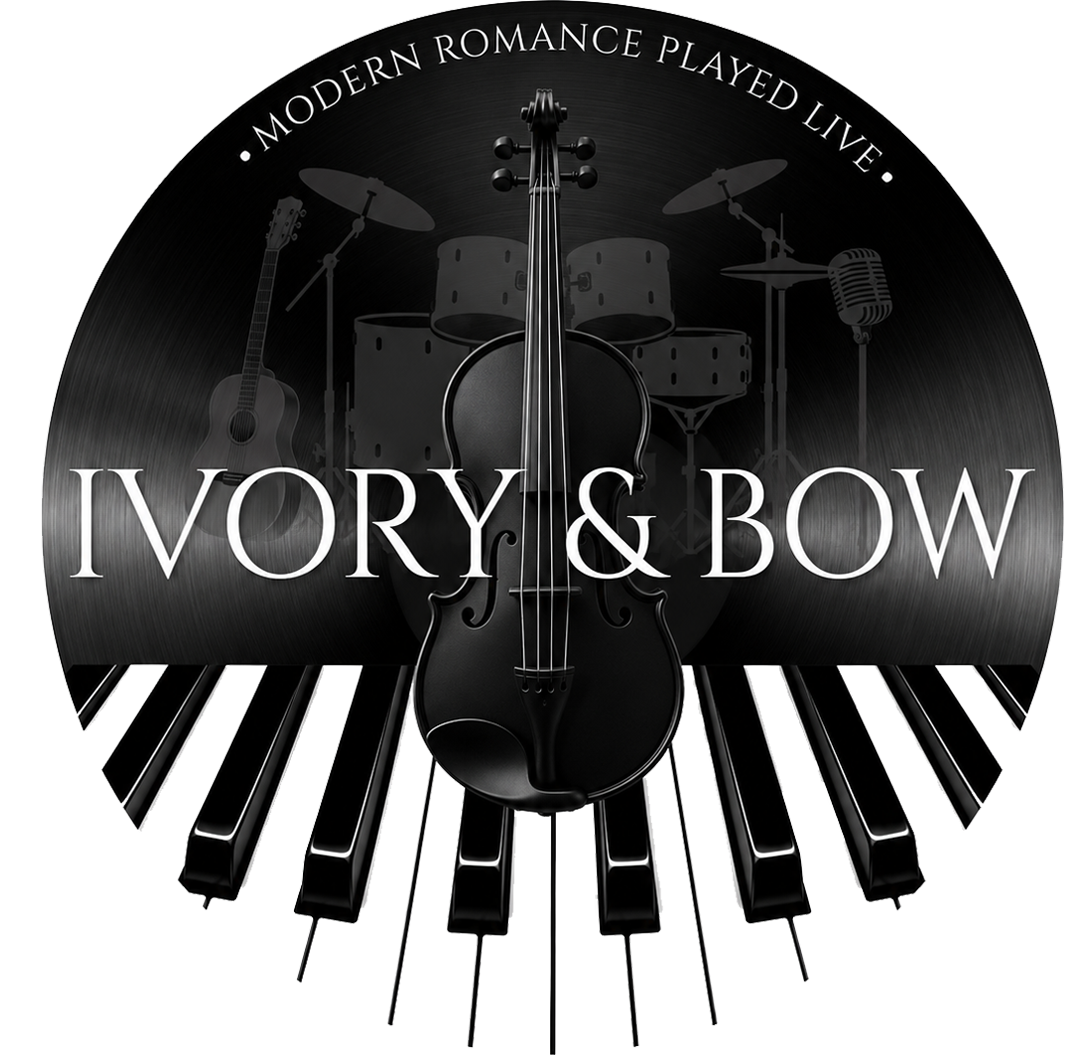 Black circular logo with piano keys and violin, text “IVORY & BOW” and “Modern romance played live.”
