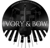 Black circular logo with piano keys and violin, text “IVORY & BOW” and “Modern romance played live.”