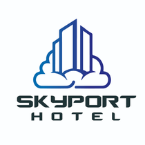 Skyport Hotel logo with blue skyscraper design emerging from clouds, dark gray text.