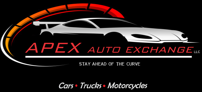 Logo for Apex Auto Exchange: sports car graphic, speedometer arc, company name, tagline, and vehicle types listed.