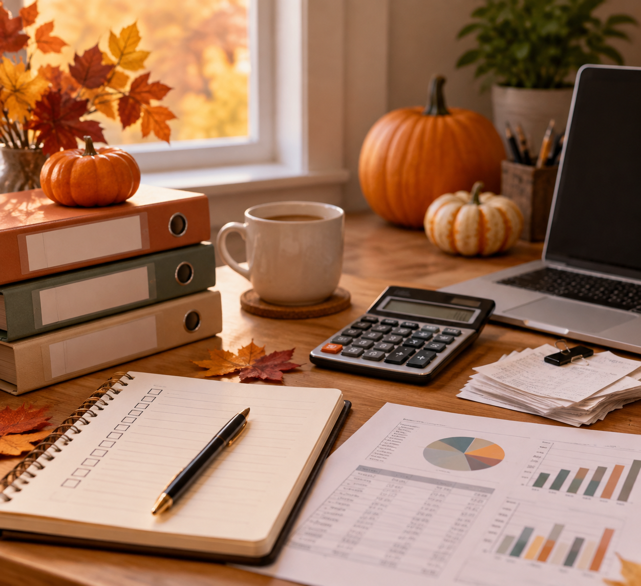 Organized bookkeeping workspace with financial documents, calculator, laptop, and autumn decorations