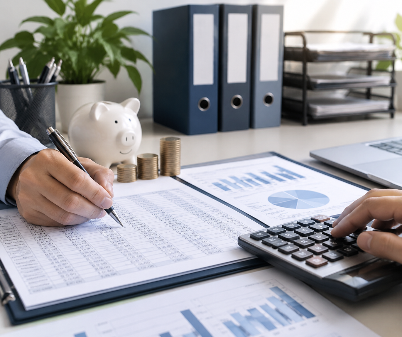 Accountant reviewing financial reports with calculator, charts, documents, and organized office setup.