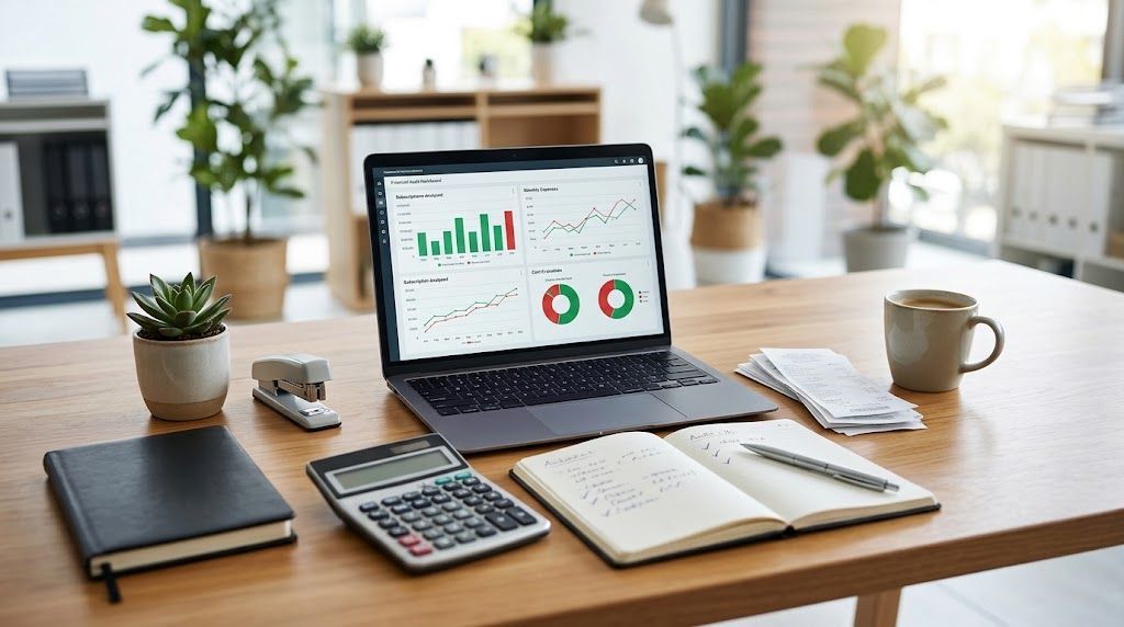 Laptop displaying financial reports with calculator and notes for reviewing business expenses.