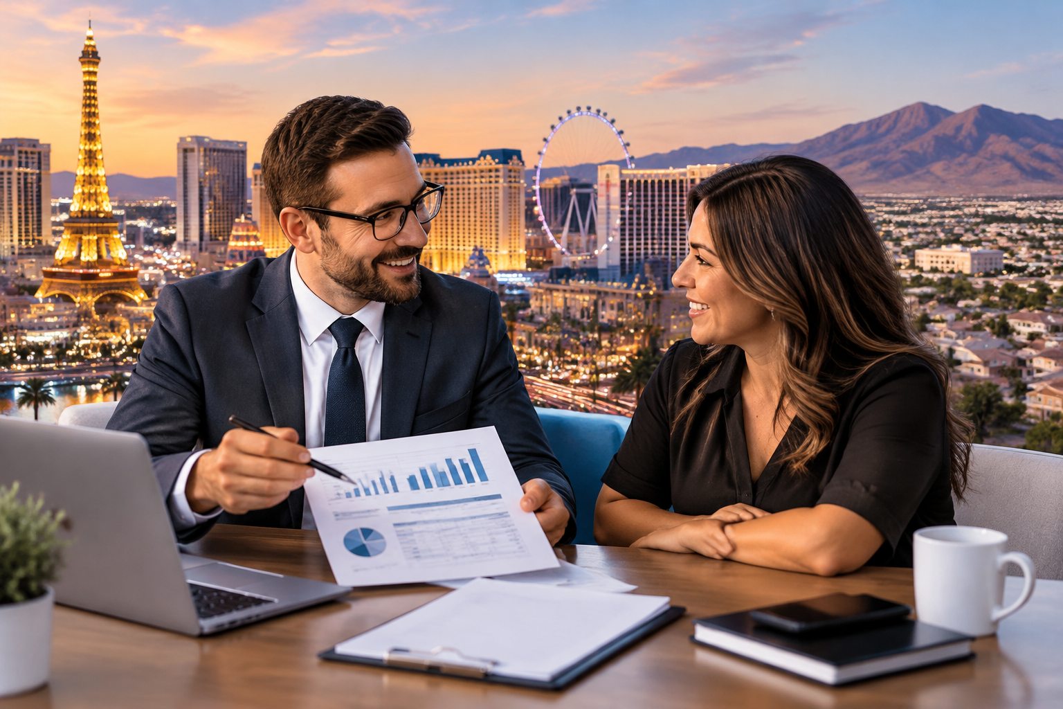 CPA discussing financial reports with business owner overlooking Las Vegas city skyline.