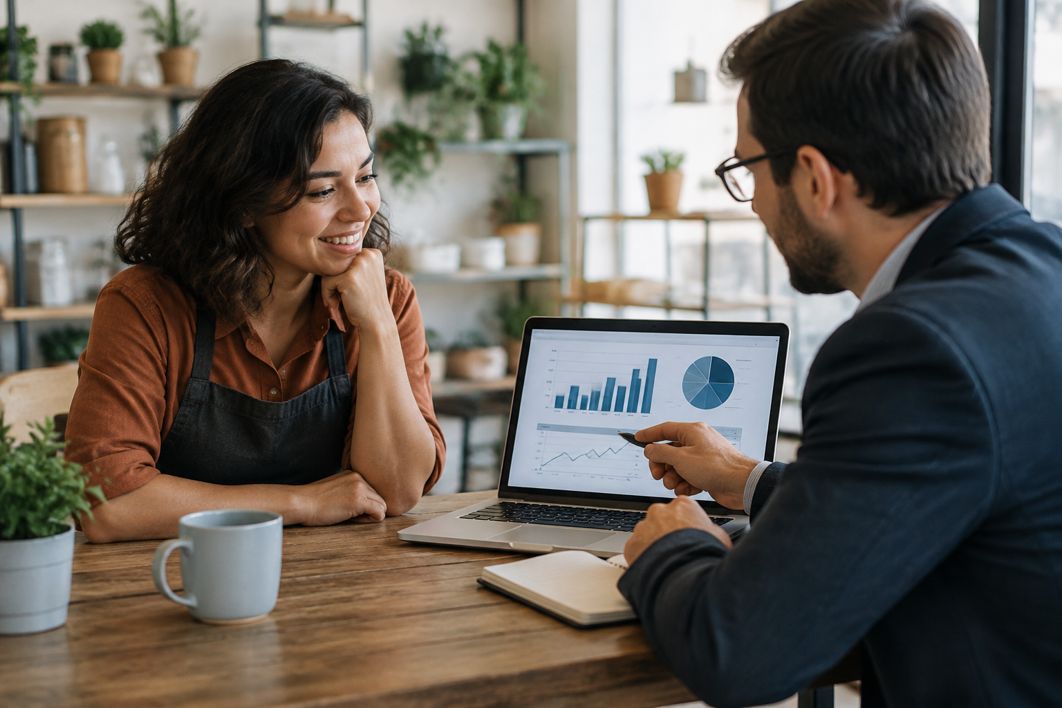 Business advisor reviewing financial charts and growth data with small business owner.