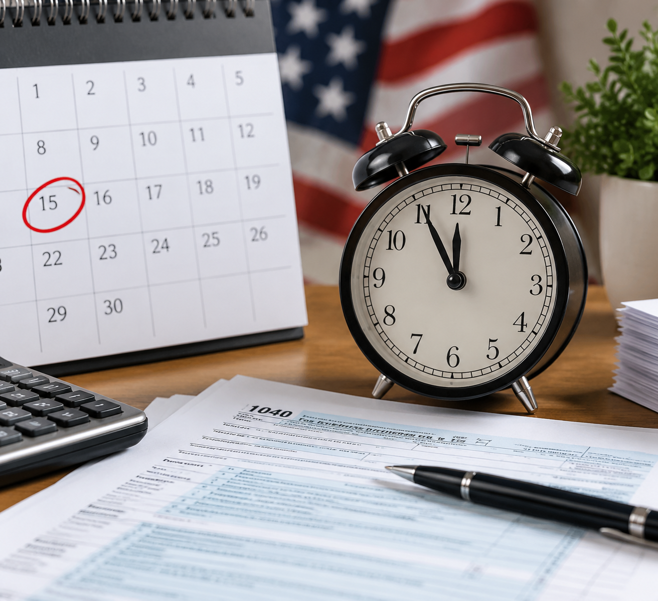 Tax filing documents with calendar deadline reminder, clock, pen, and American flag background.