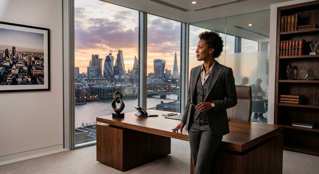 Executive professional standing in a modern office with city skyline view