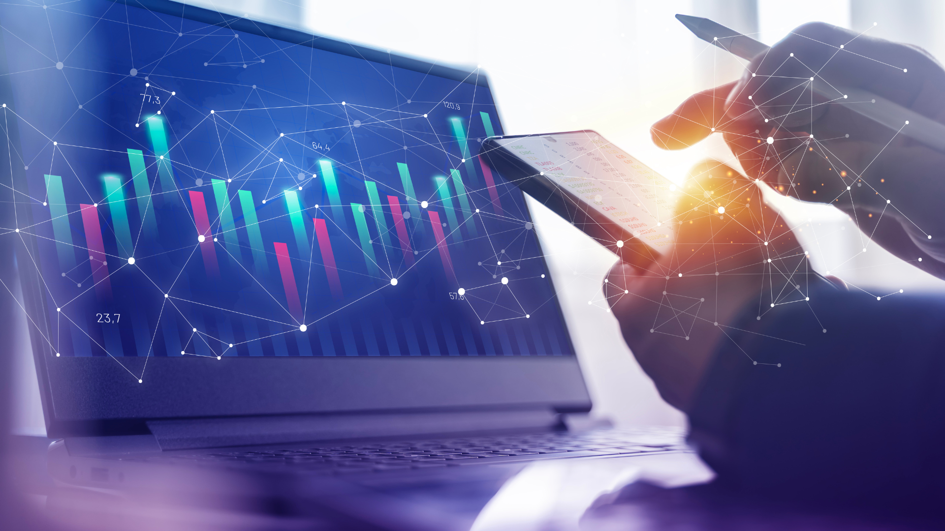 A corporate CFO pointing at a data chart illustrating high-margin revenue streams and ROI metrics.
