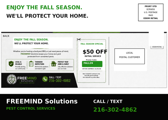 Holiday home security ad with green and white text, $50 off offer, and FreeMind logo with phone number