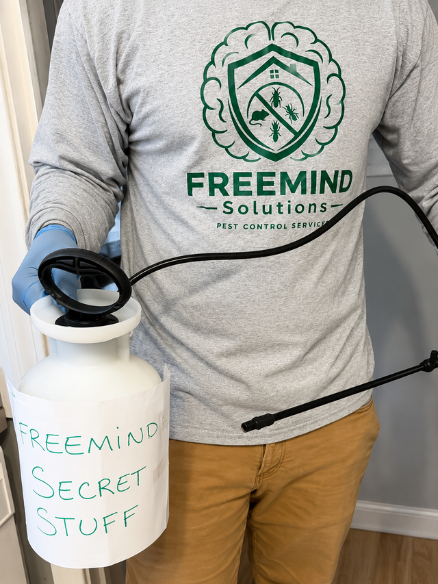 Worker spraying lawn in front of a suburban house with a backpack sprayer