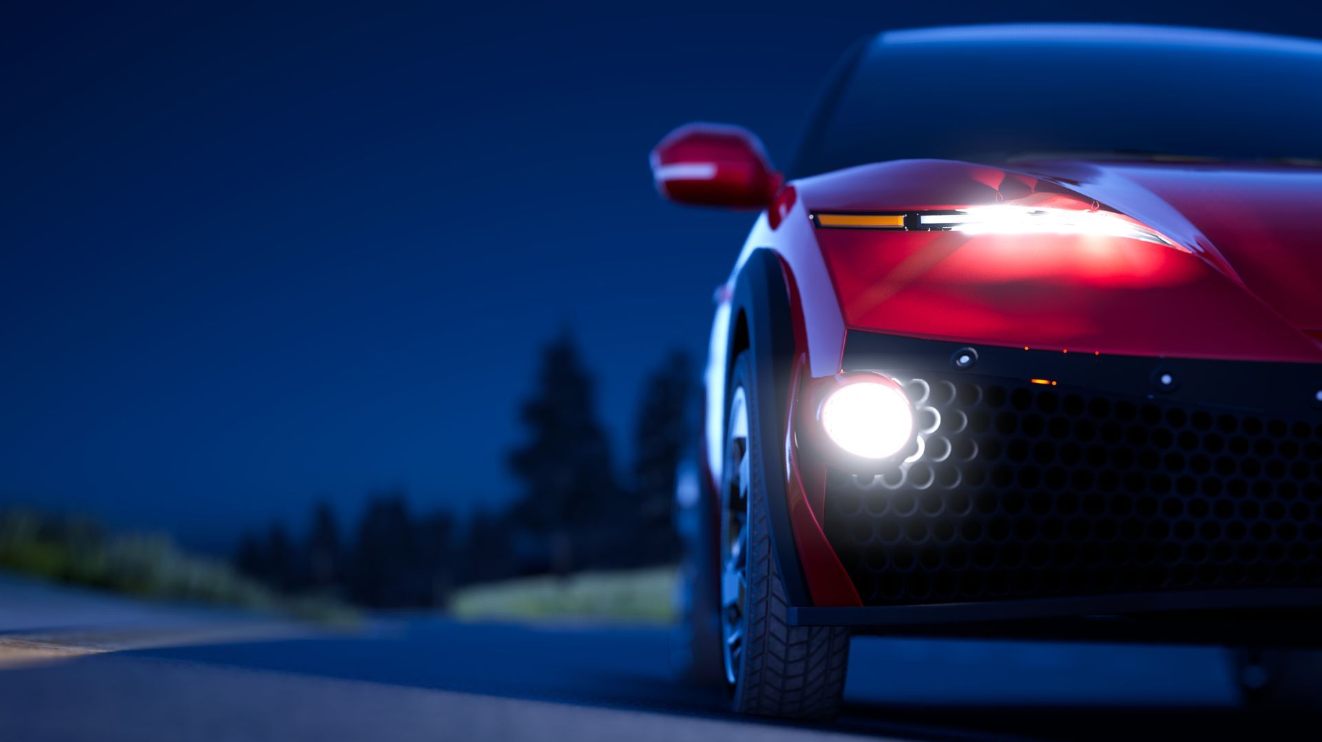 Red sports car driving on road at night, headlights on. Red sports car driving on road at night, headlights on.