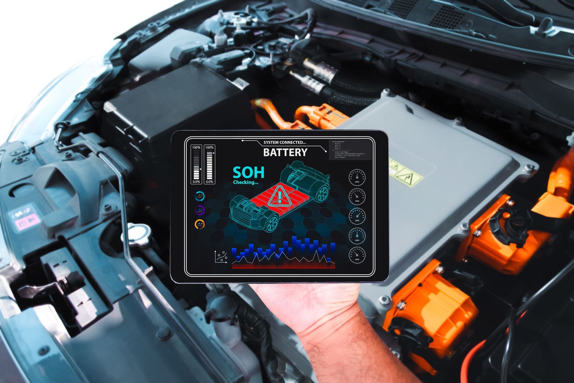 Person using a tablet to diagnose an EV battery. Dashboard displays SOH and error alert. Engine bay open. Person using a tablet to diagnose an EV battery. Dashboard displays SOH and error alert. Engine bay open.