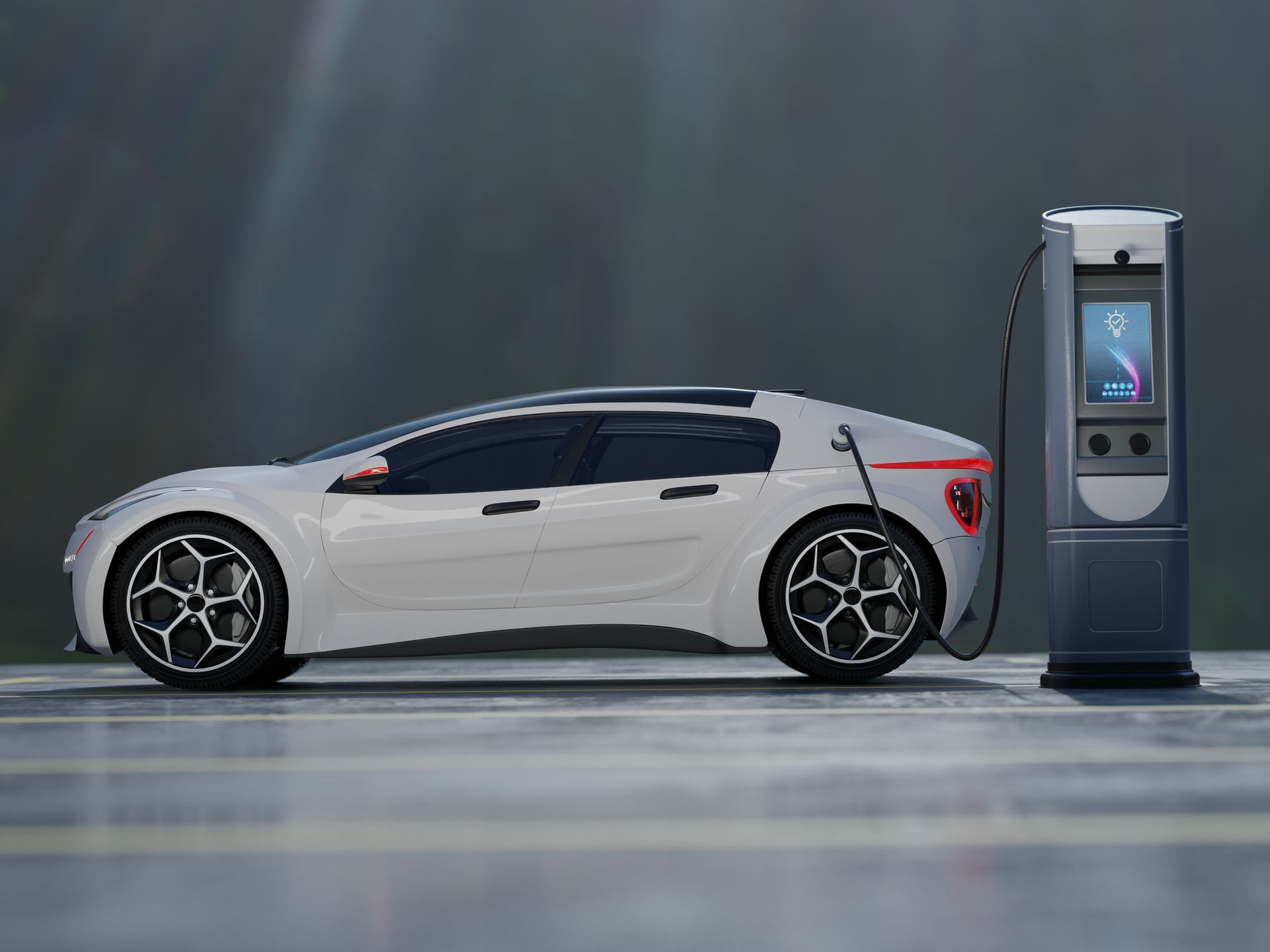 White electric car charging at a station. White electric car charging at a station.
