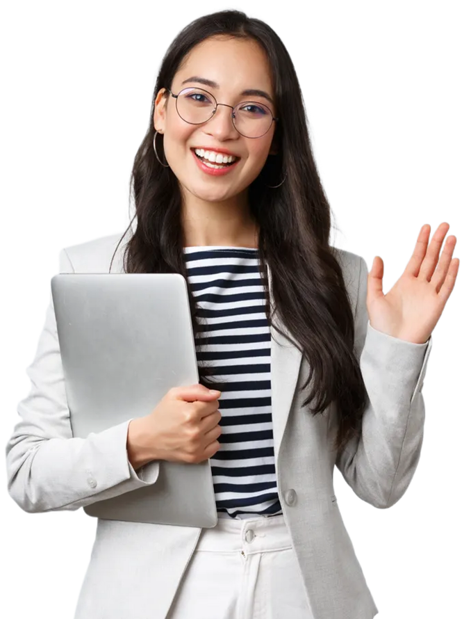 A woman in a suit is holding a laptop and waving.