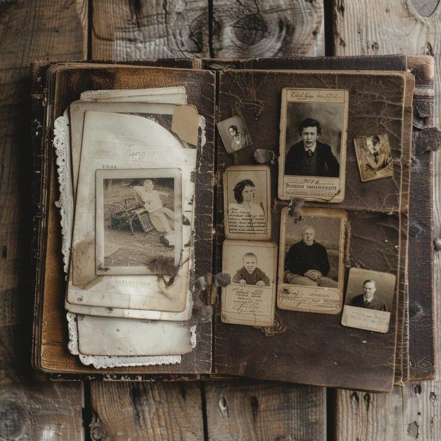 A book is open to a page with old photos on it