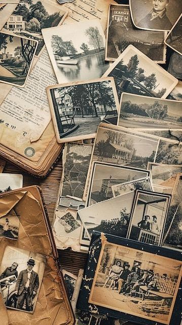 A pile of old black and white photos on a wooden table.