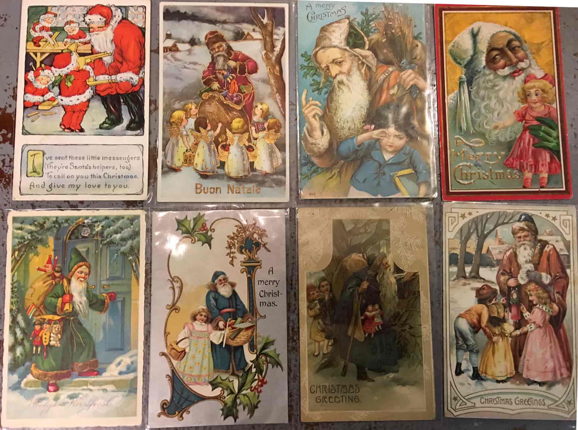 A collection of old christmas cards with santa clauses and children