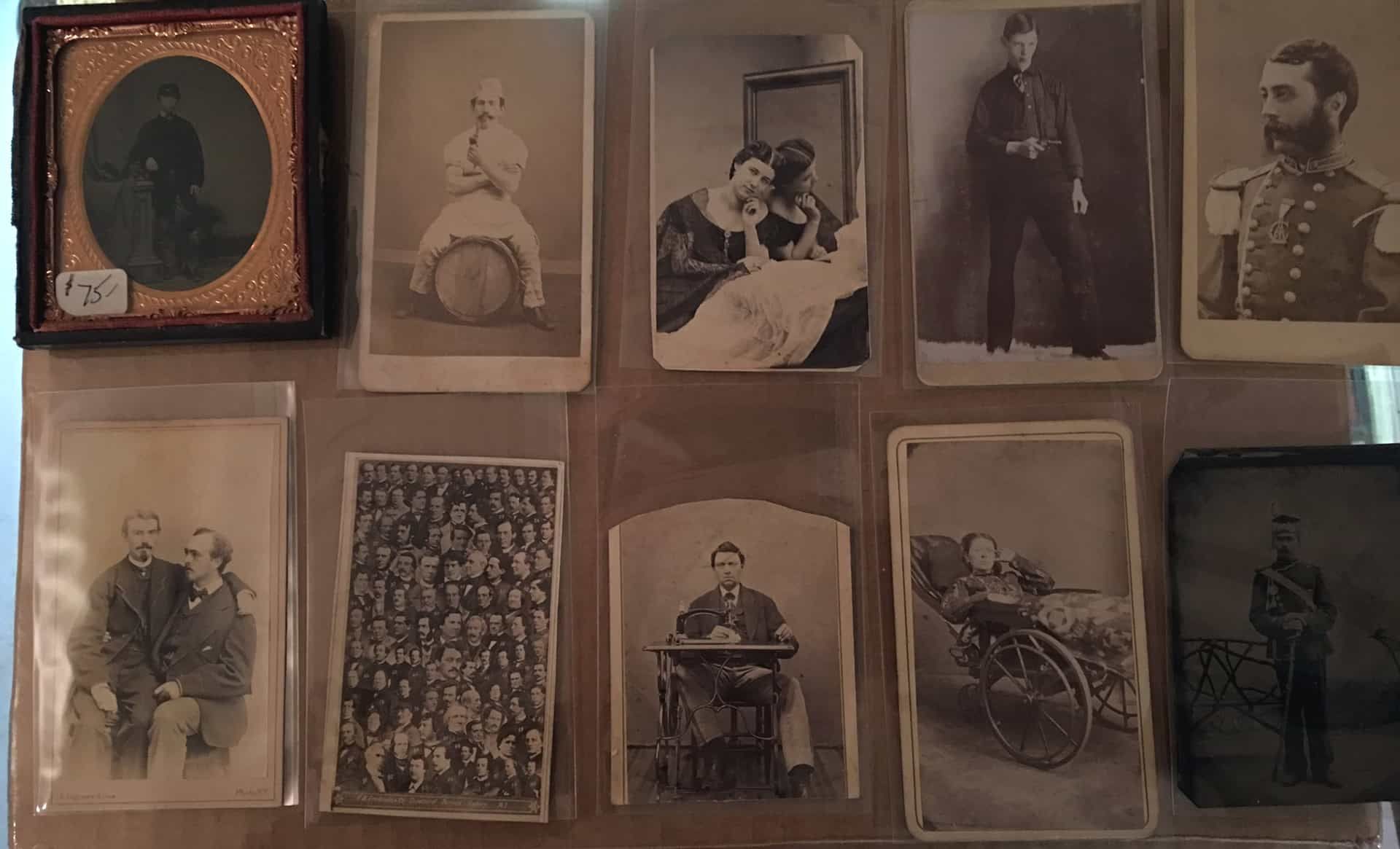 A collection of old photographs including a man in a wheelchair