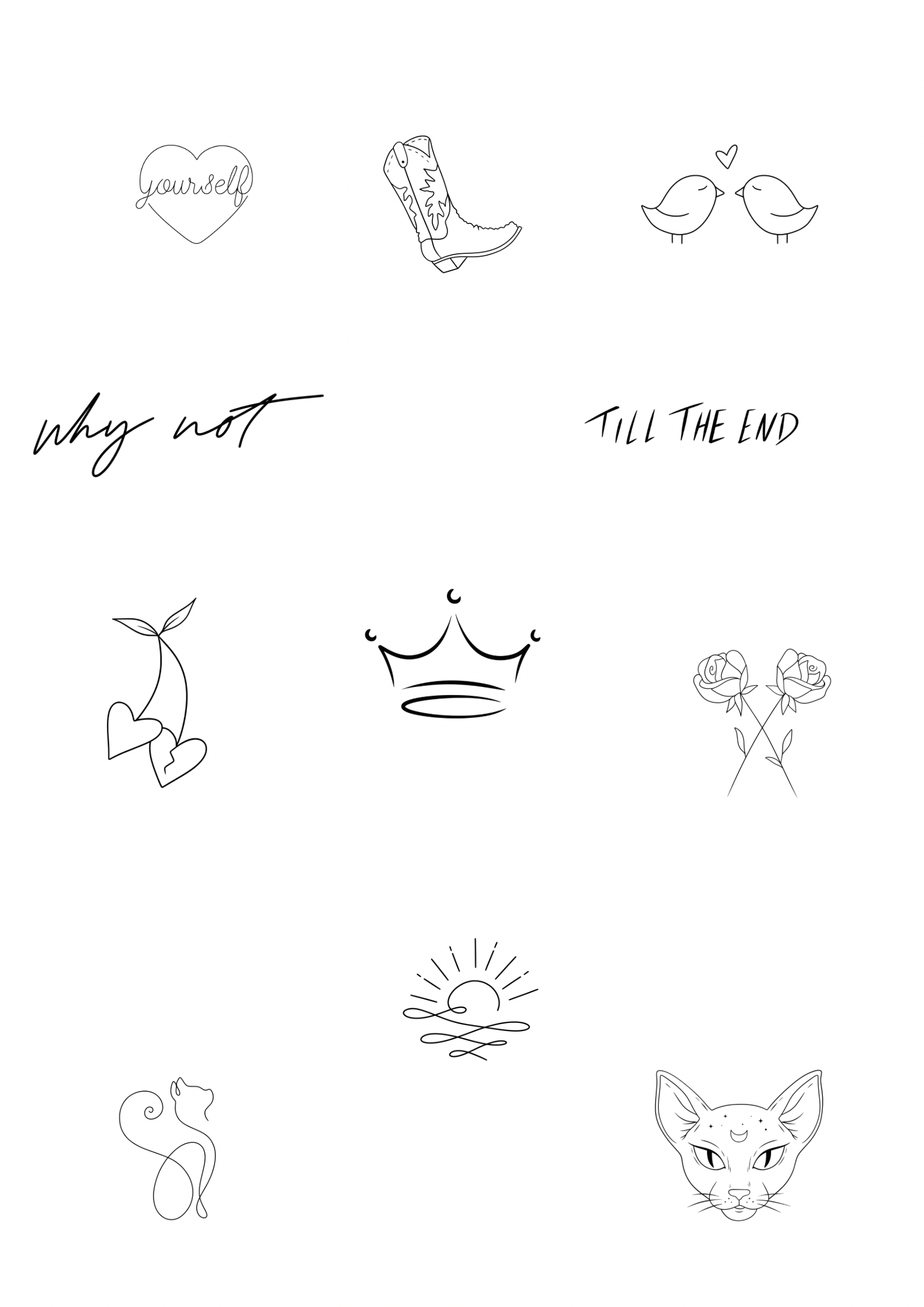 Nine simple black line art tattoos. Hearts, crown, flowers, and handwritten text on white.
