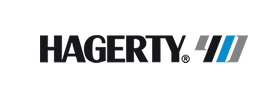 Hagerty logo in black with blue and gray diagonal stripes on a white background
