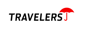Travelers logo with black text and a red umbrella over the final letter