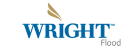 Wright Flood logo with blue text and gold roof icon on white background