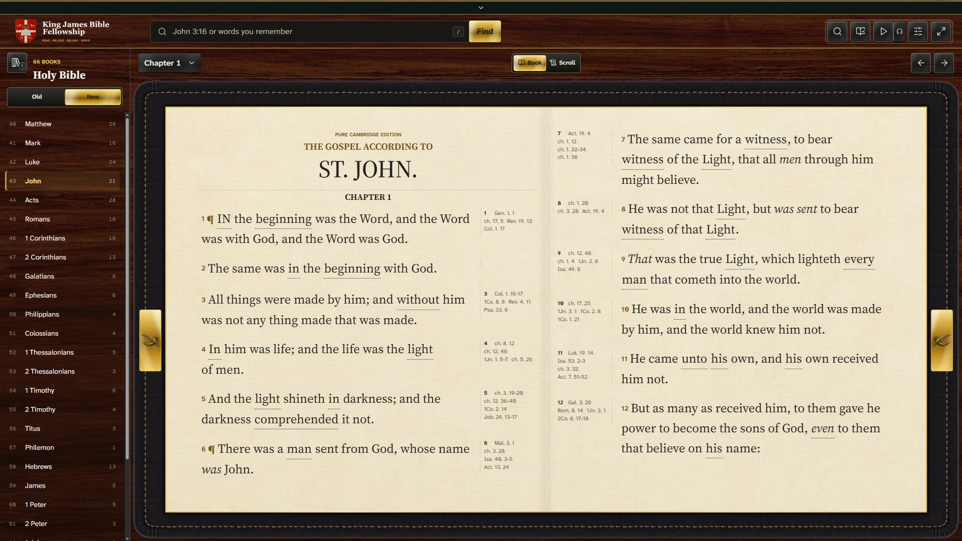 Full-screen King James Bible Reader displaying John chapter 1 across two pages