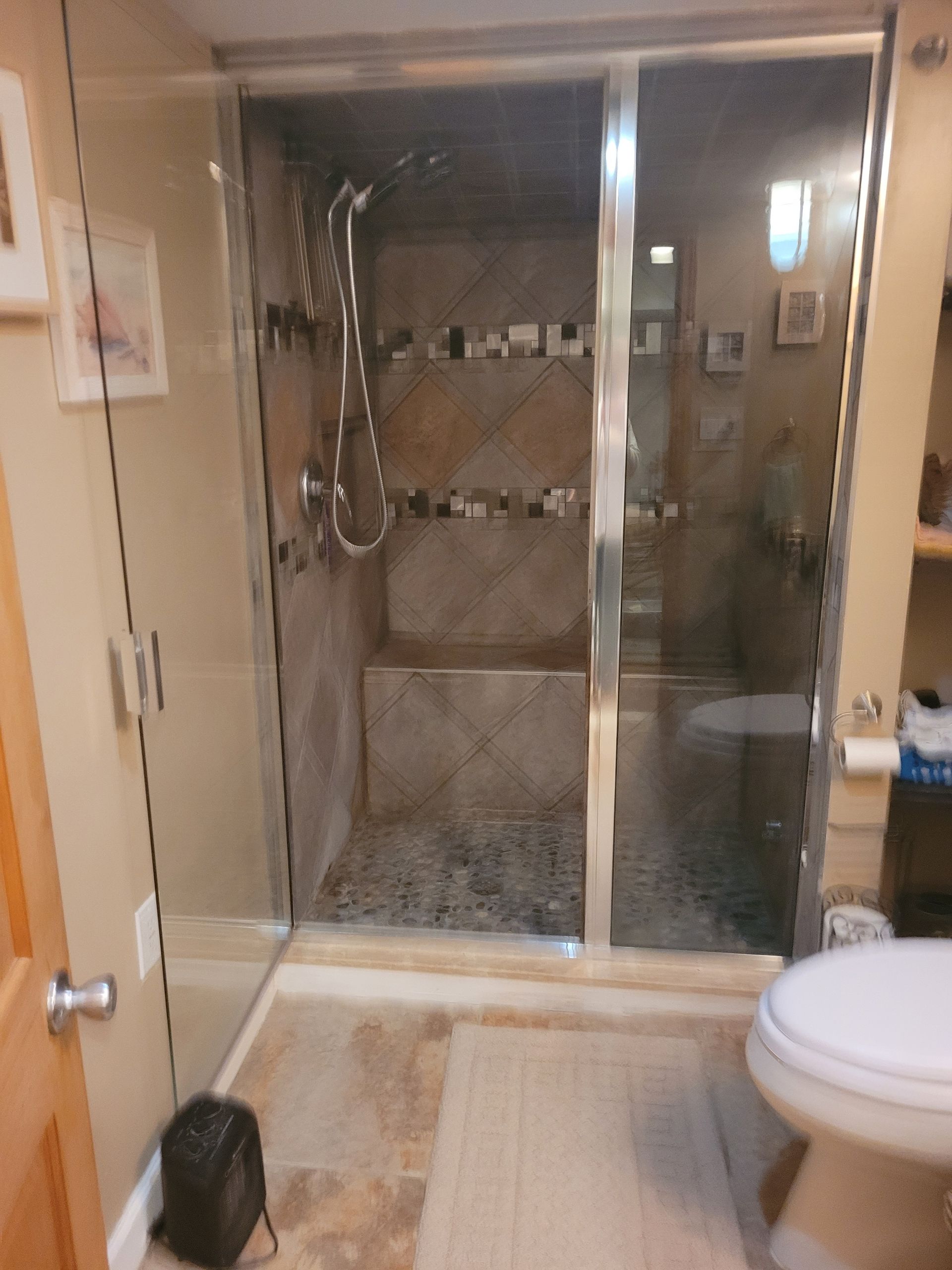 A bathroom with a walk in shower and a toilet