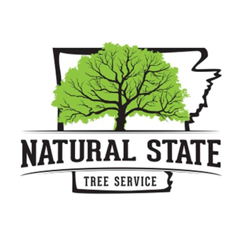 The logo for natural state tree service shows a tree in the shape of the state of arkansas.