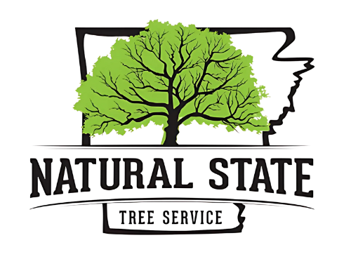 A logo for natural state tree service with a tree in the shape of a state.