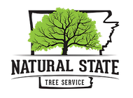A logo for natural state tree service with a tree in the shape of a state.