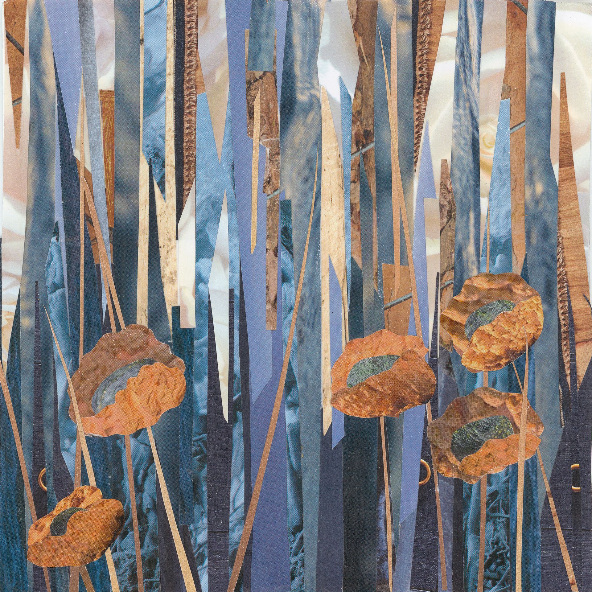 Abstract collage of vertical strips in blue, brown, and beige with orange and green circular shapes.