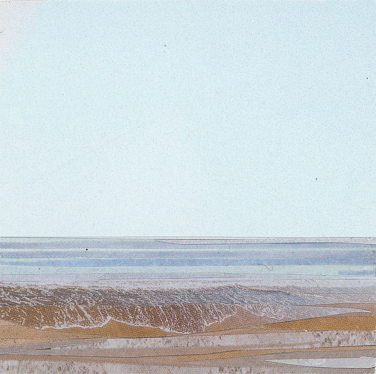 Beach scene, sand in foreground, ocean in middle, light blue sky above.