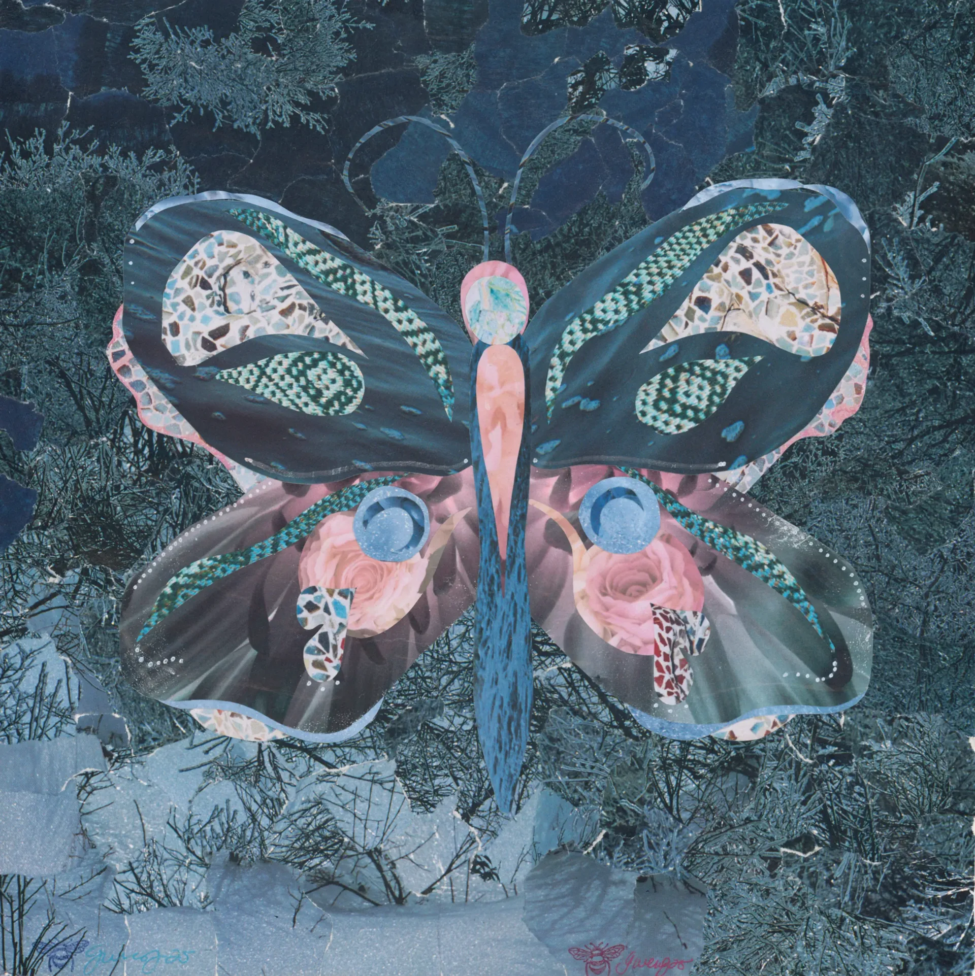 Abstract butterfly illustration in shades of blue, pink, and white.