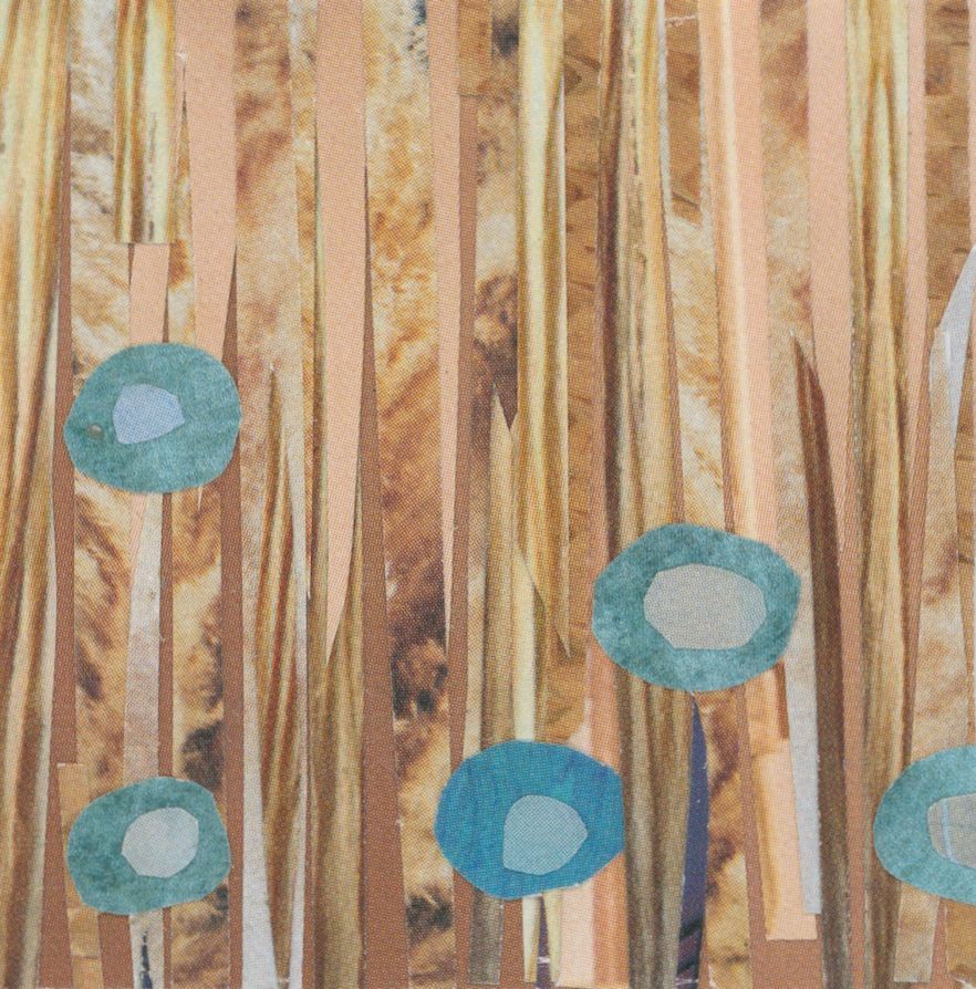 Abstract collage: tall tan stripes with blue and tan circular flower shapes.