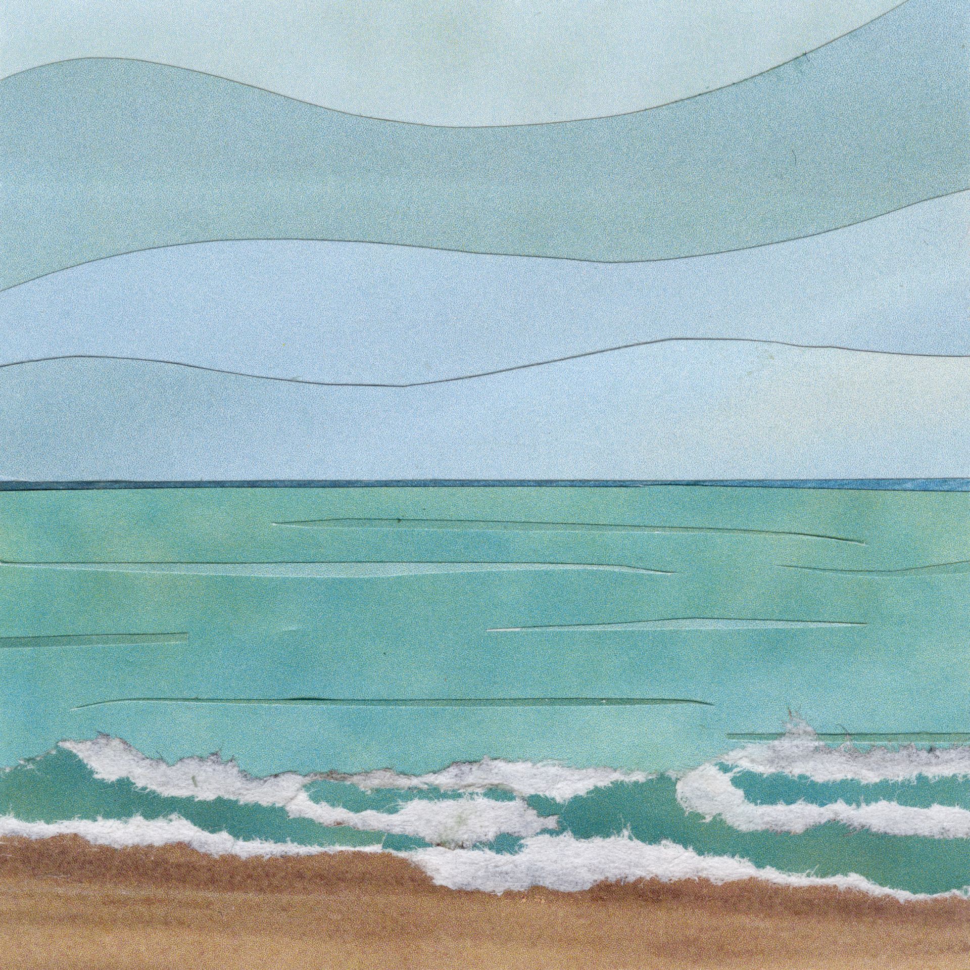 Ocean scene with blue-green water, wavy white foam on a sandy shore, and pale blue sky.