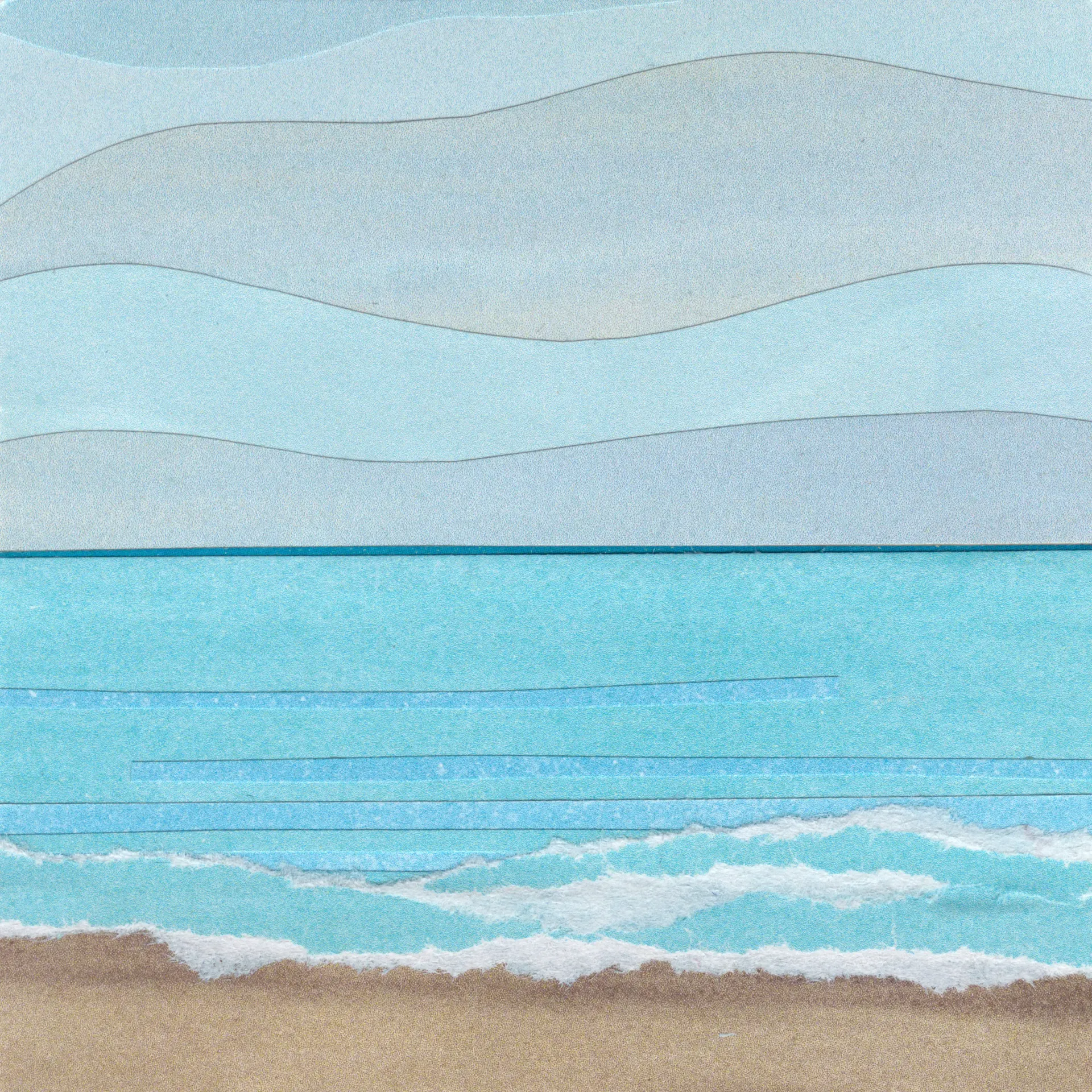 Beach scene with blue ocean, foamy waves, sandy shore, and wavy blue and gray sky.