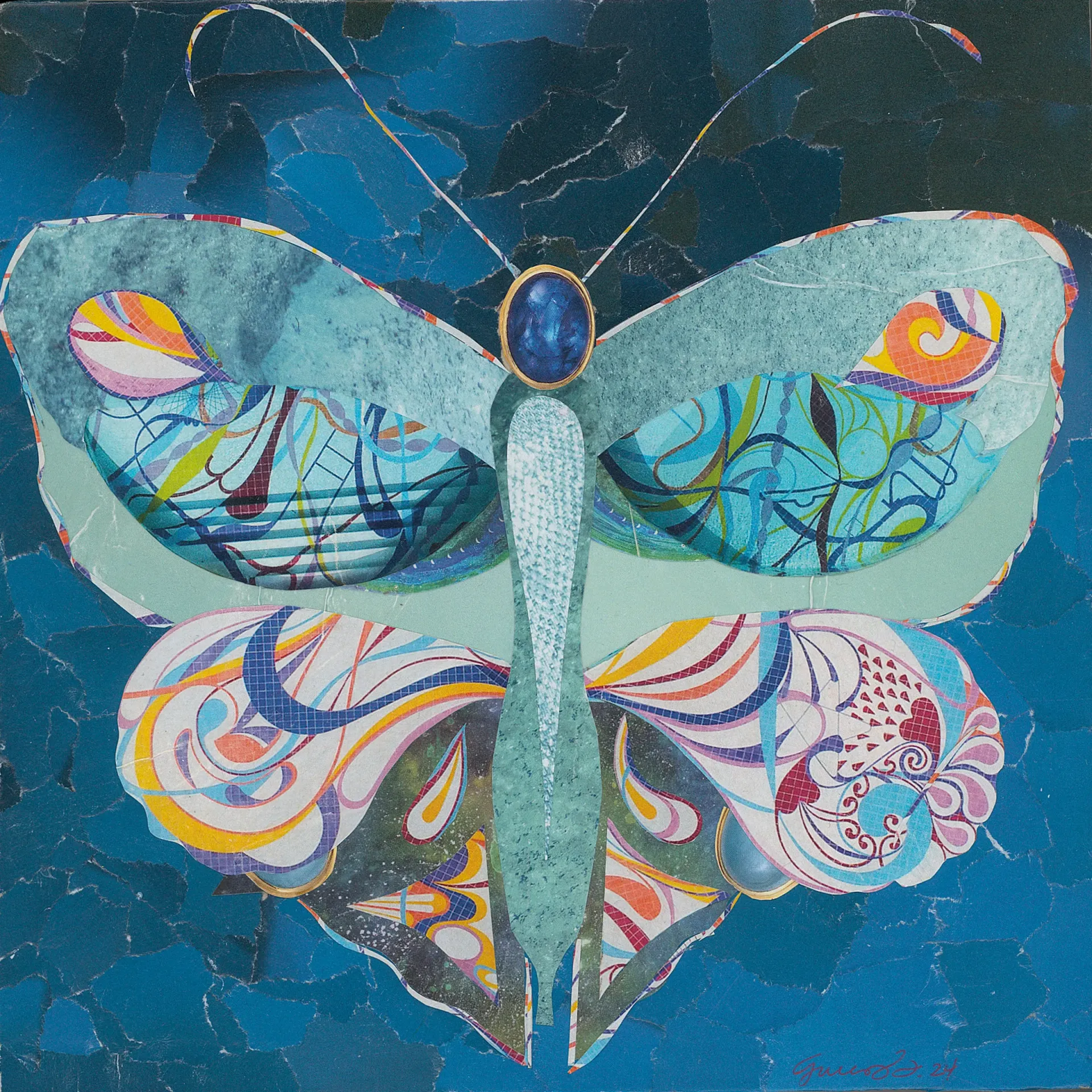Butterfly collage, blue hues, with ornate wing patterns, against a textured blue background.