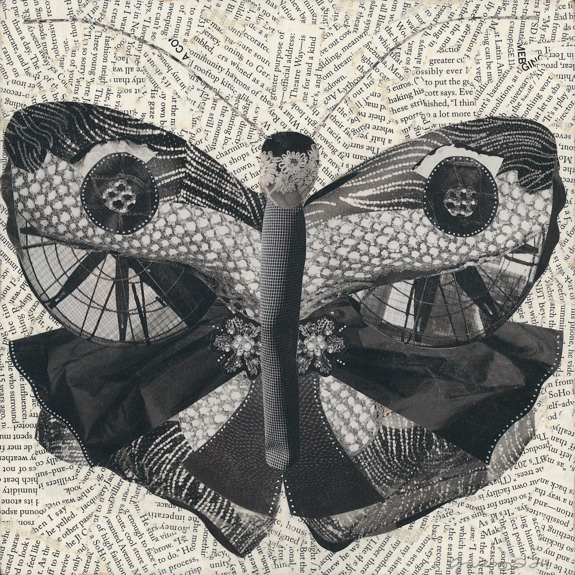 Black and white collage of a butterfly. Wings feature textured patterns with a dot-like background.