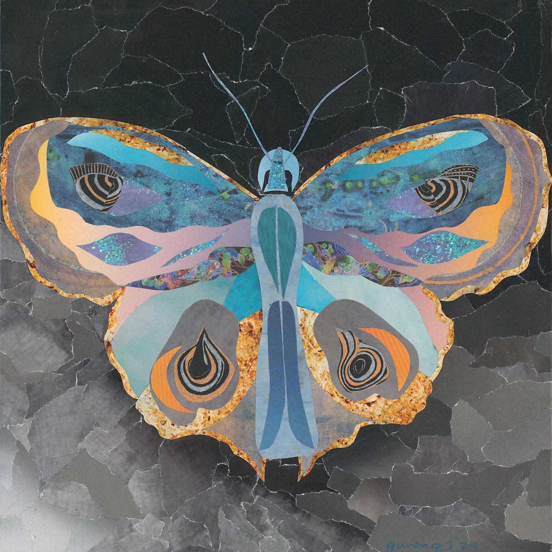 Colorful mosaic butterfly against a textured, dark background.
