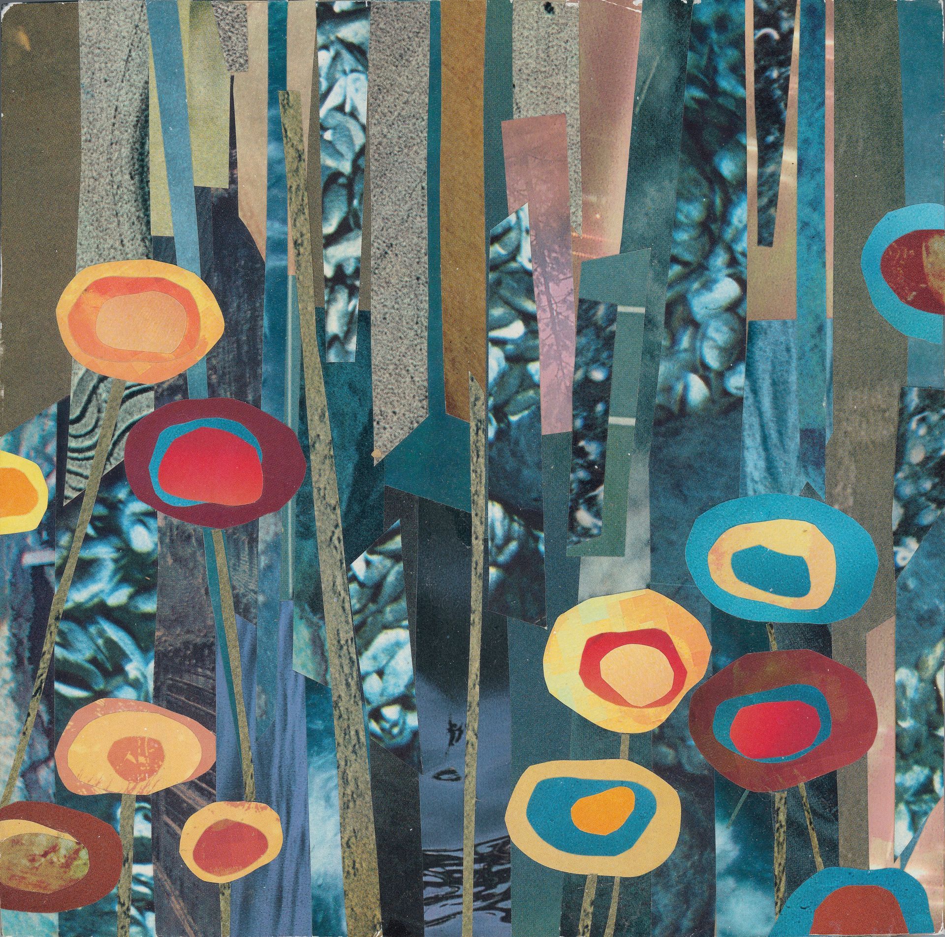 Collage of colorful, abstract flower shapes in shades of blue, gold, and red against a background of vertical paper strips.