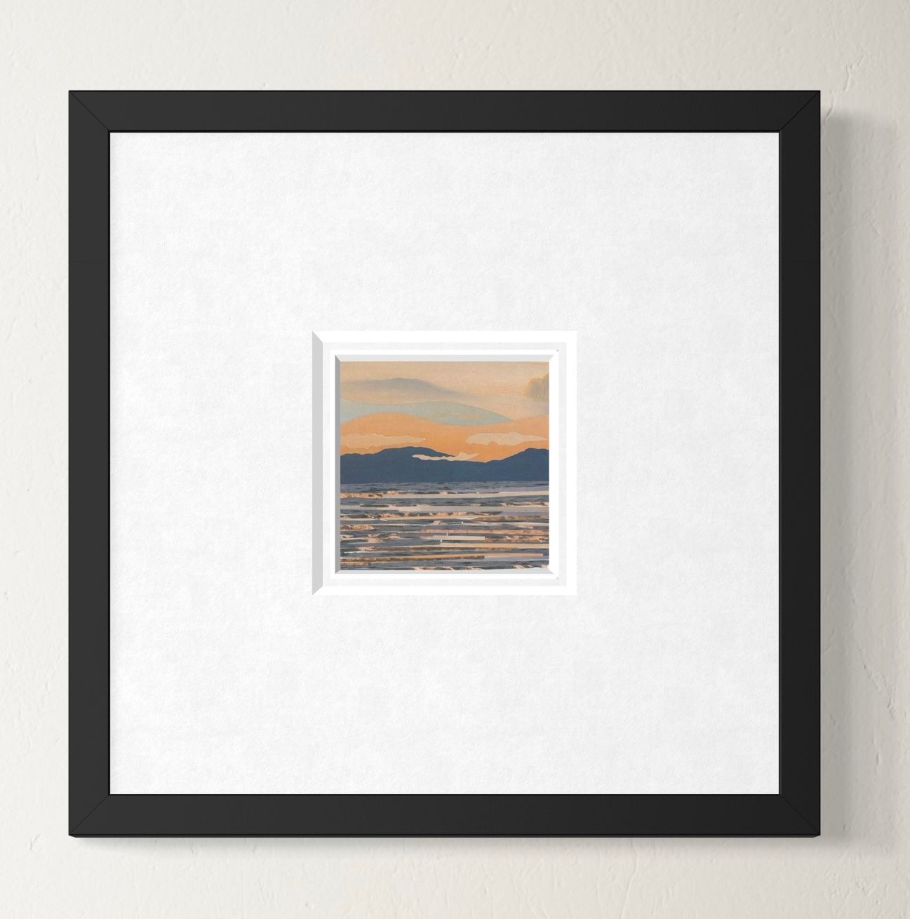 Sunset over ocean, rendered in needlepoint; blue-gray water, navy mountains, orange and tan sky.