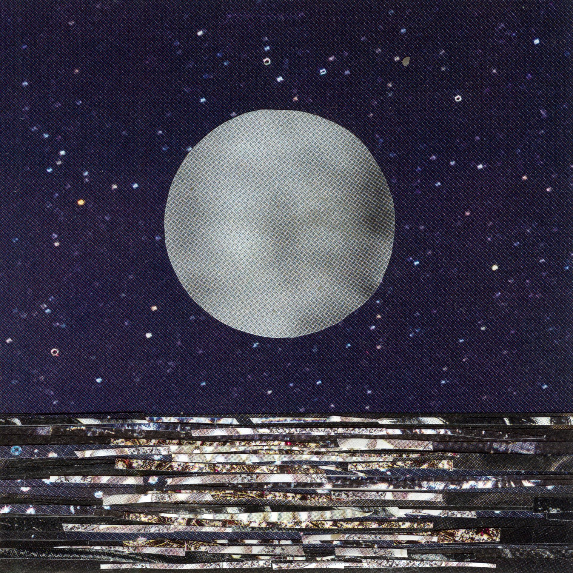 Full moon over shimmering water with stars in the night sky.